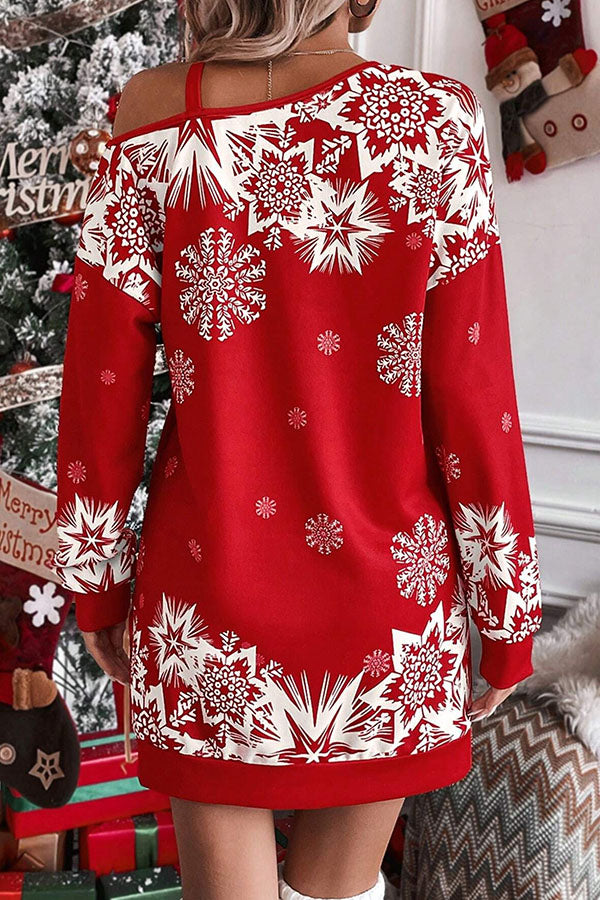 Christmas Snowflake Cold-Shoulder Loose Sweatshirt Mini Dress