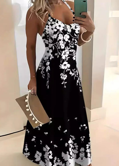 Black Print Cotton Spaghetti Strap Dress Summer