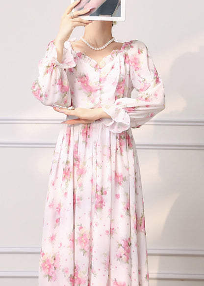 Pink Ruffled Print Chiffon Dress Long Sleeve