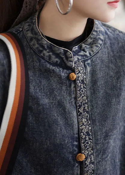 Italian Blue Stand Collar Button Denim Jackets Spring