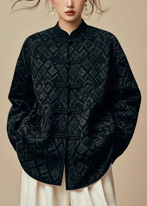 Black Stand Collar Cotton Coat Fall