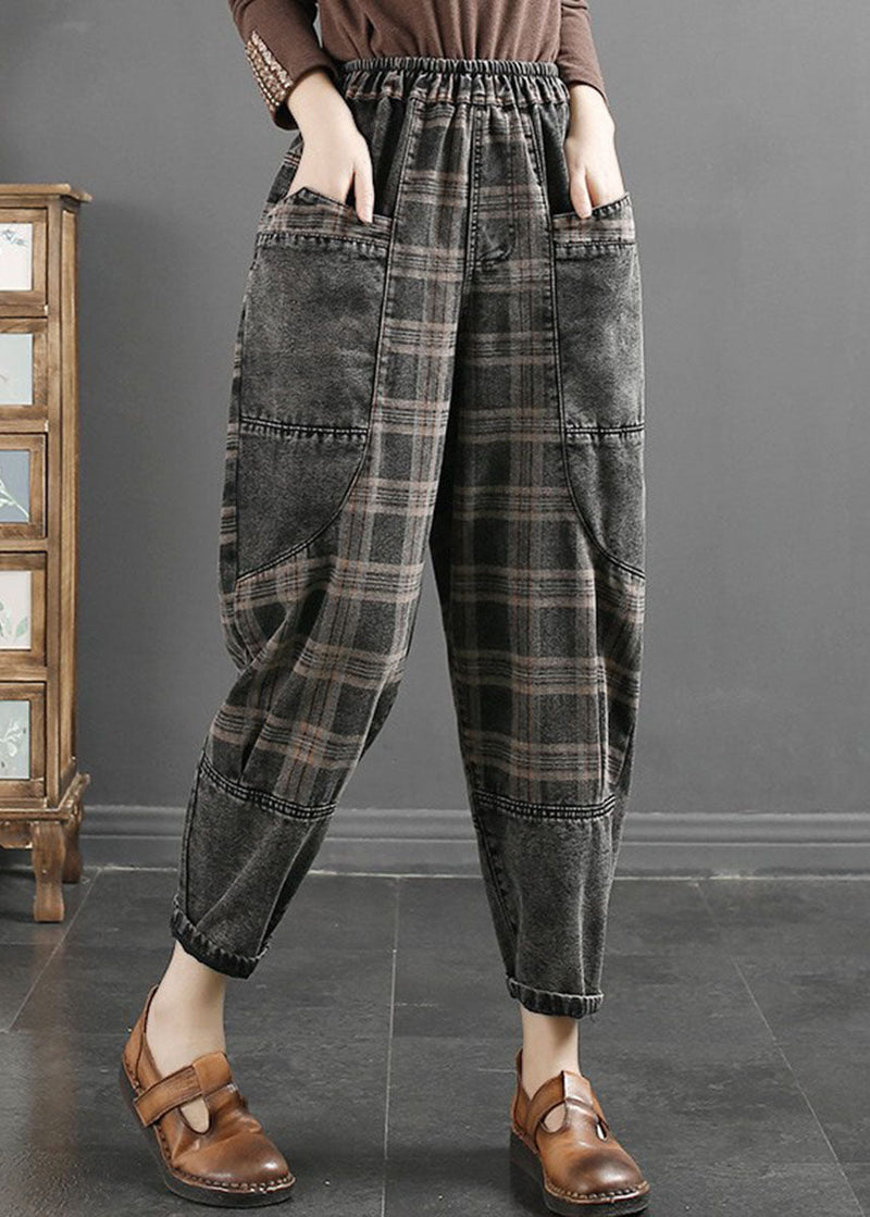 Grey Striped Plaid Patchwork Elastic Waist Crop Pants Fall