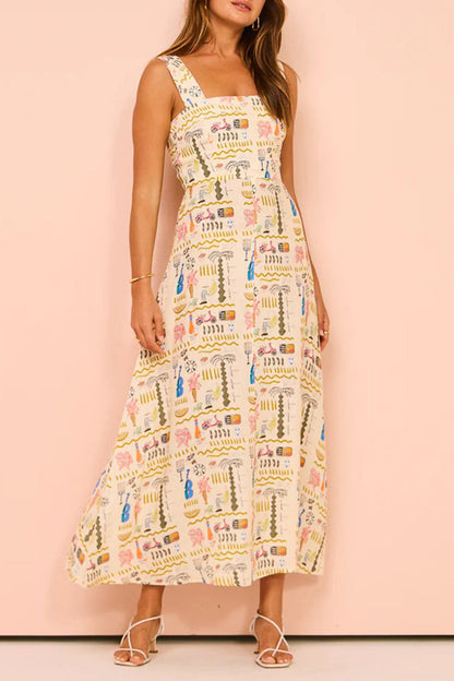 Character Print Patchwork Square Collar Printed Dresses