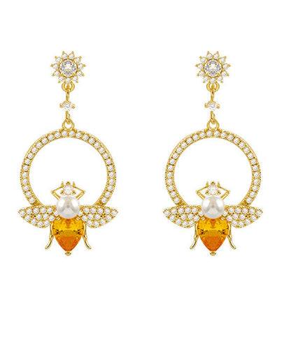 Yellow Alloy Crystal Zircon Bee Hoop Earrings