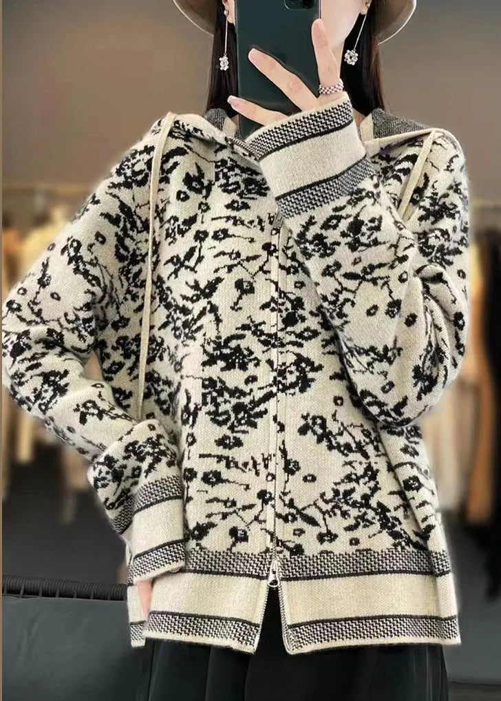 Beige Hooded Zippered Print Wool Knit Coat Long Sleeve