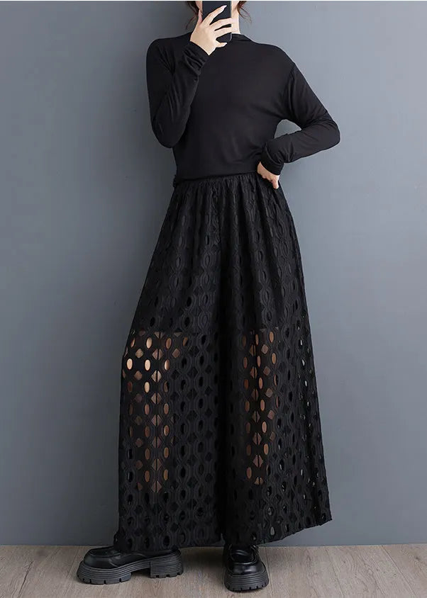 Natural Black Hollow Out Wide Leg Pants Trousers Summer