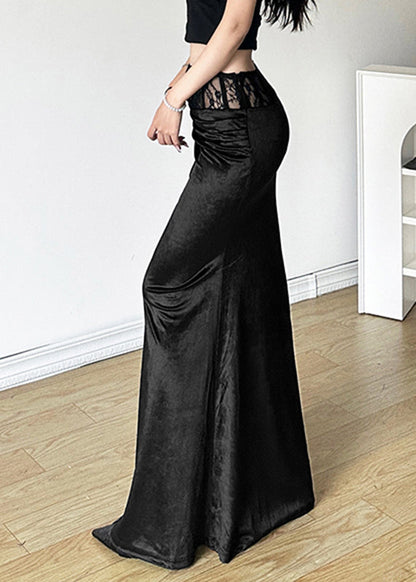 Black Silm Fit Silk Velvet Wraped Skirt Spring