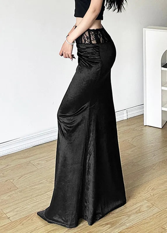 Black Silm Fit Silk Velvet Wraped Skirt Spring