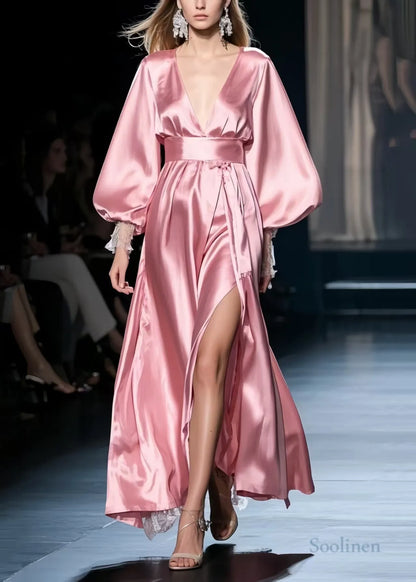 French Pink Exra Large Hem Side Open Silk Party Dresses Spring