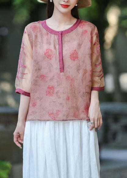 Green O Neck Organza Embroidered Patchwork Linen Top Summer