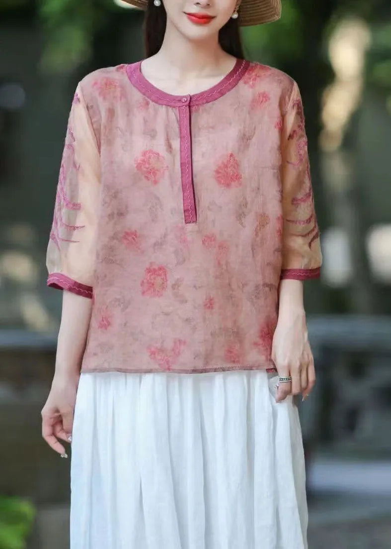 Green O Neck Organza Embroidered Patchwork Linen Top Summer