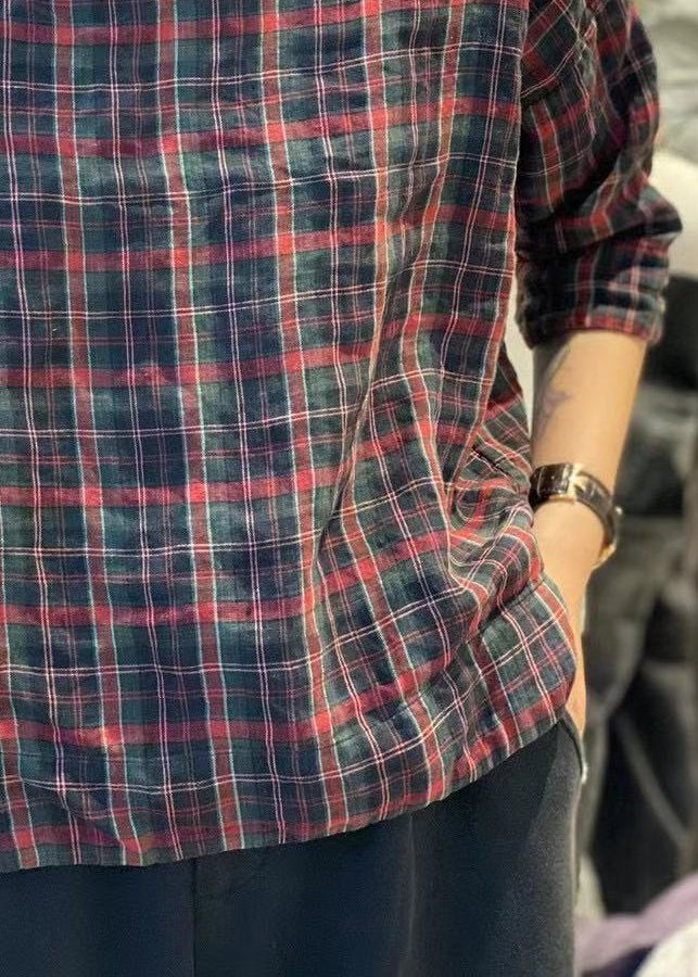 Plaid Button Cotton Blouses Stand Collar Bracelet Sleeve