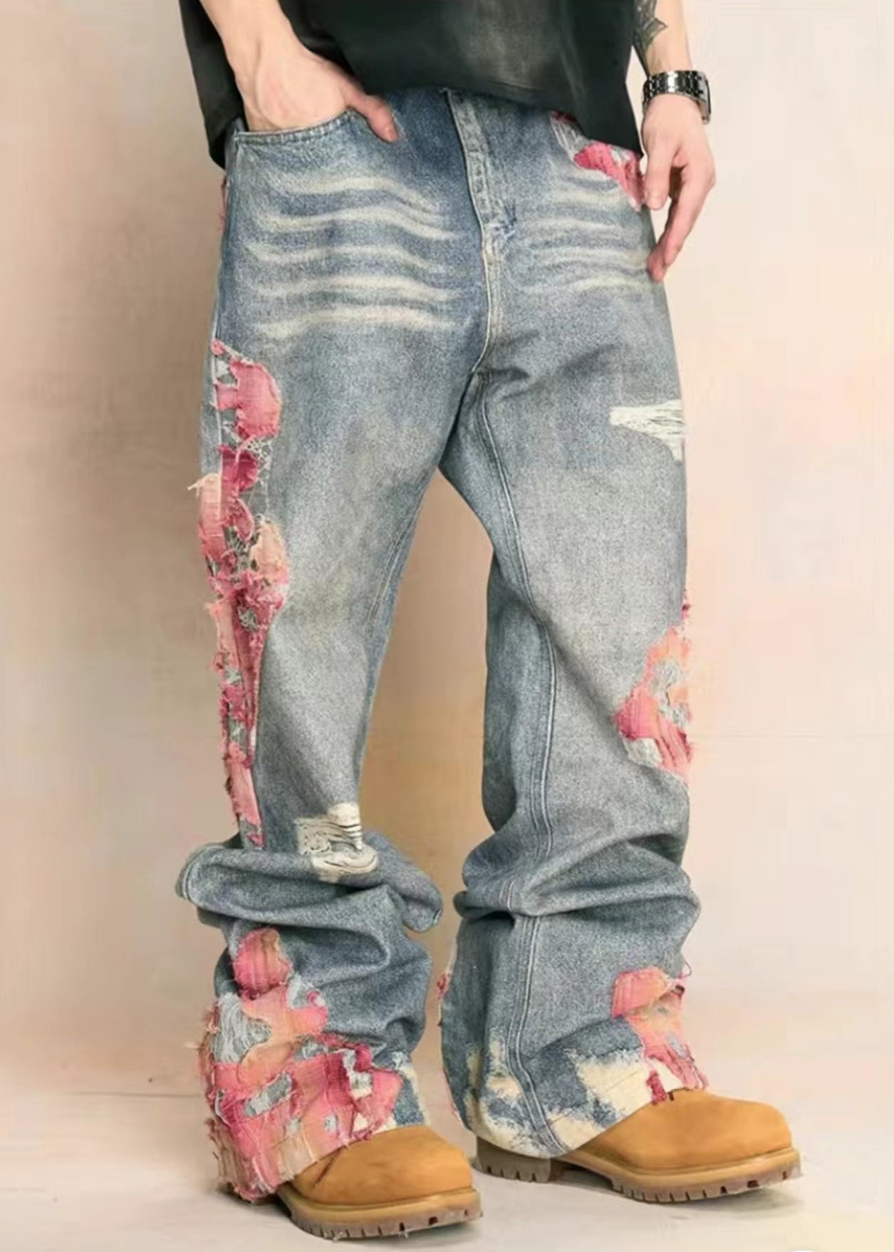 Blue Print Pockets High Waist Denim Pants Fall