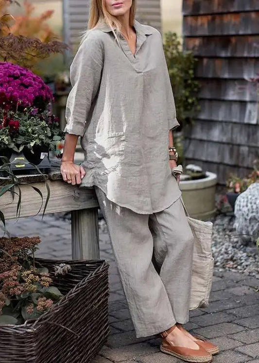 Grey Tops and Pants Cotton Two Pieces Set Long Sleeve