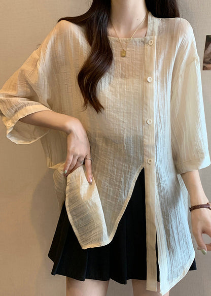 Apricot Square Collar Button Chiffon Shirt Bracelet Sleeve