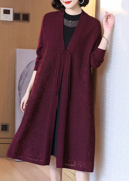 Wine Red Button Hollow Out Cotton Knit Long Cardigan Spring