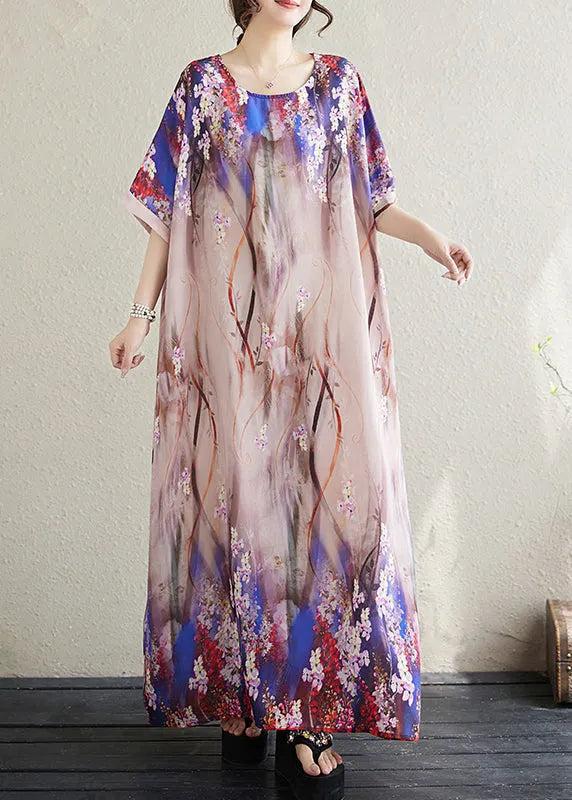Apricot Print Loose Sundresses Batwing Sleeve