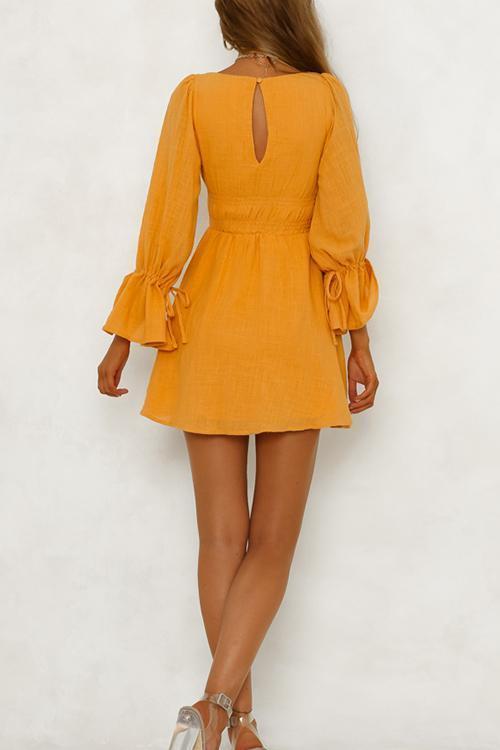 Cotton and Linen Elastic Waist Flared Sleeve Dress