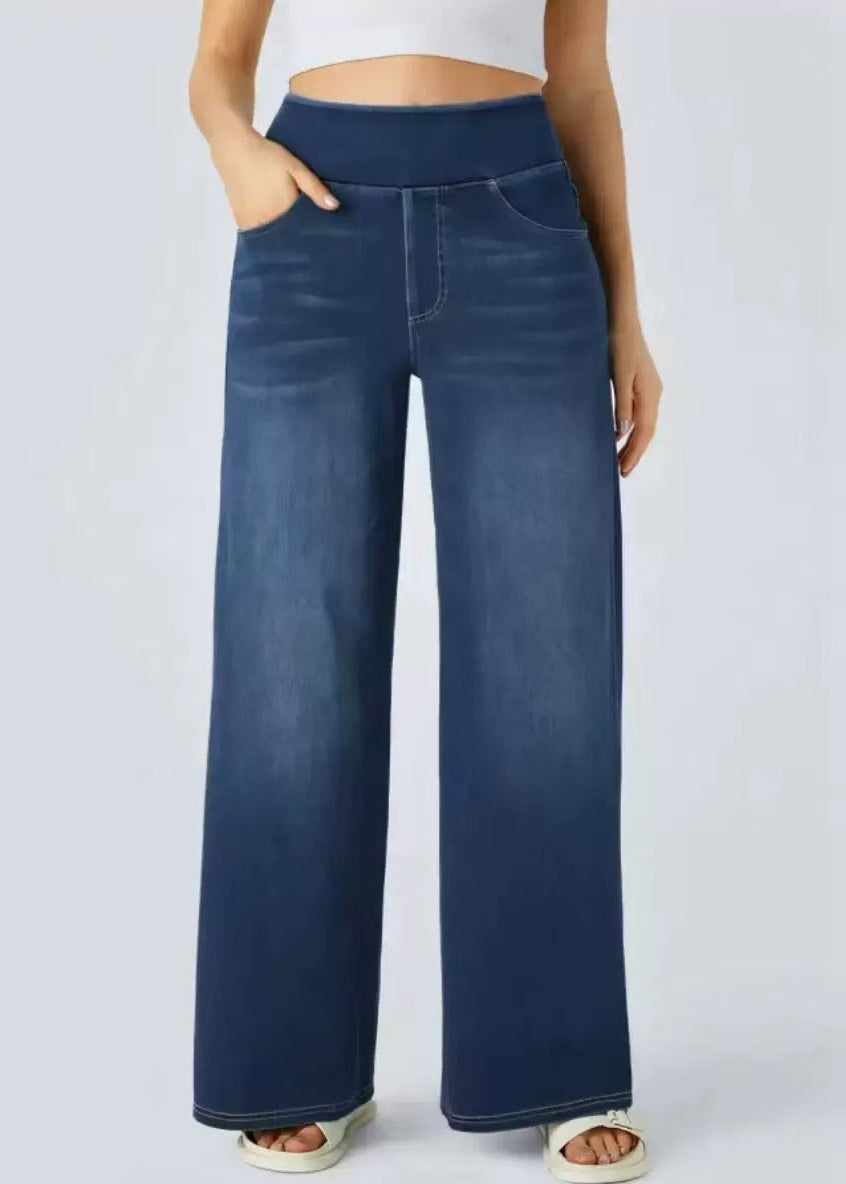 Light Blue Pockets Elastic Waist Denim Wide Leg Pants Summer