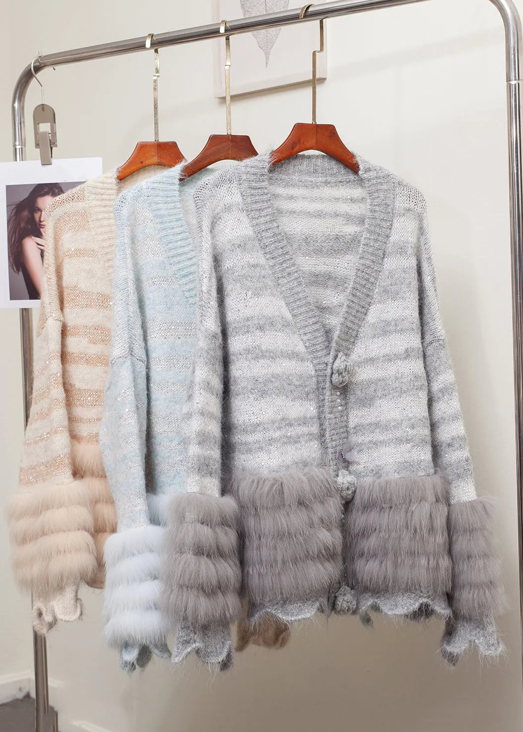 Striped Grey Fox Fur Patchwork Knit Cardigans Winter
