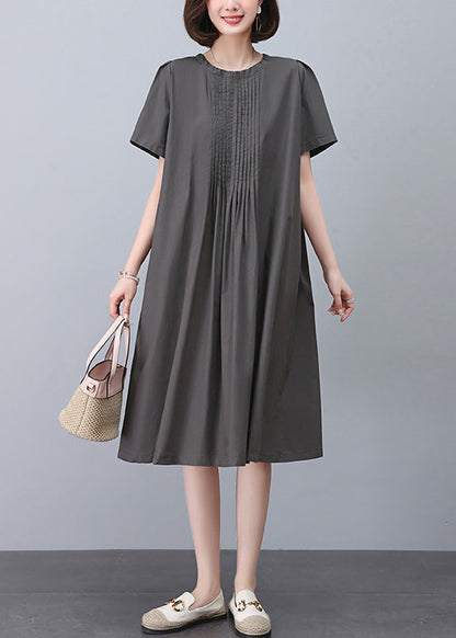 Grey O-neck Cotton Dresses Summer