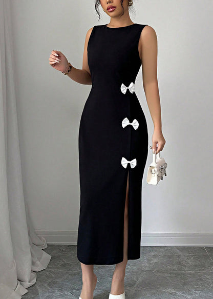 Italian Black O Neck Bow Side Open Cotton Dress Sleeveless