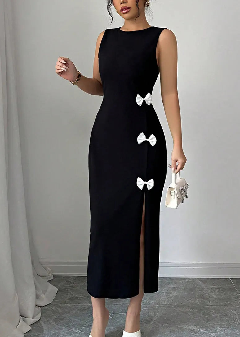 Italian Black O Neck Bow Side Open Cotton Dress Sleeveless