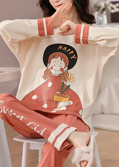 Beige Print T Ahirt and Orange Pants Cotton Pajamas Two Pieces Set Fall