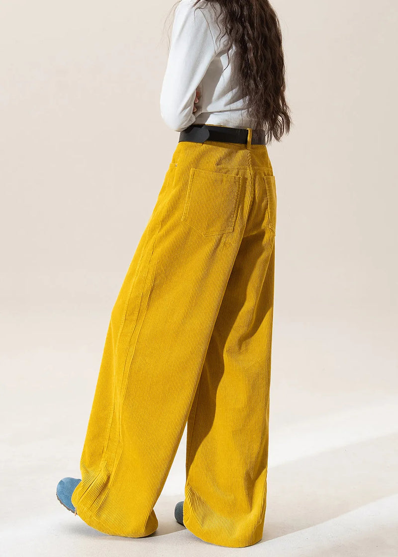 Yellow High Waist Pockets Corduroy Straight Pants Winter