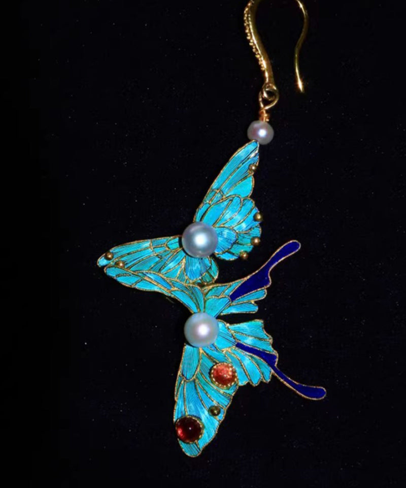 Fine Blue Sterling Silver Overgild Pearl Crystal Butterfly Drop Earrings