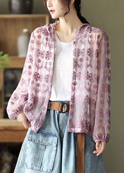 Purple Hollow Out Lace Upf 50+ Coat Cardigan Embroidered Long Sleeve