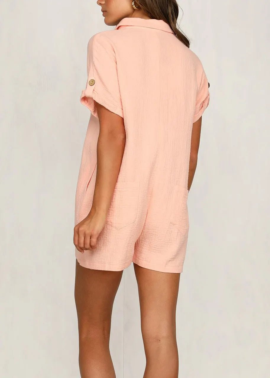 New Pink Peter Pan Collar Pockets Cotton Jumpsuit Summer