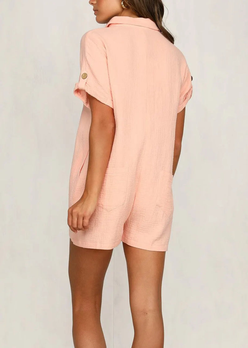 New Pink Peter Pan Collar Pockets Cotton Jumpsuit Summer