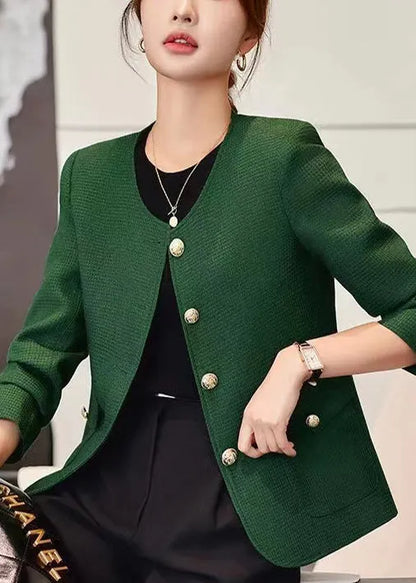 Dark Green O-neck Golden Buttons Cotton Coats Spring