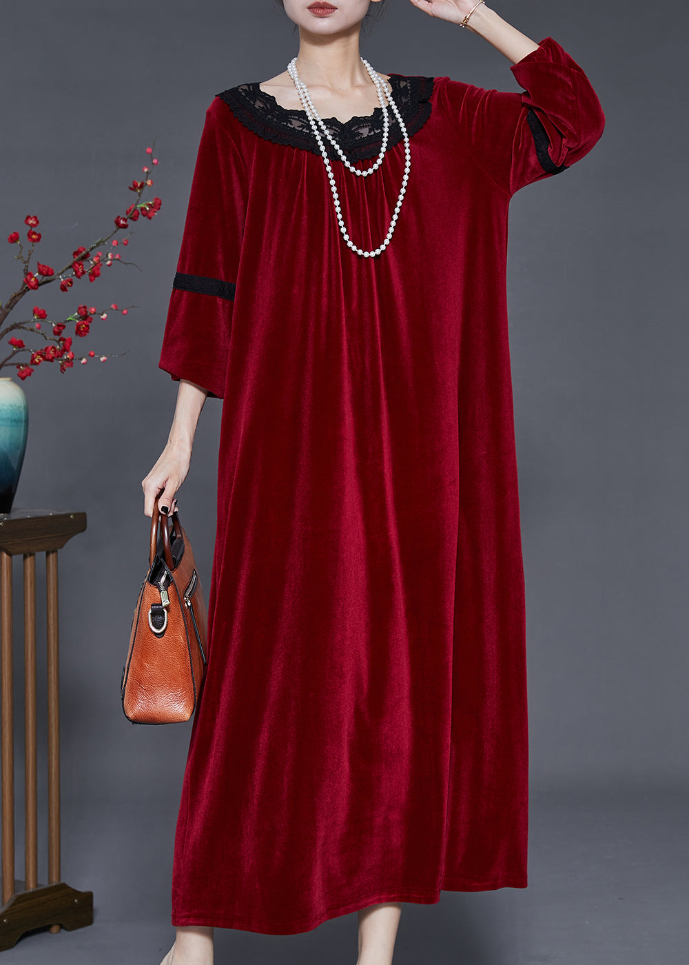 Mulberry Oversized Patchwork Lace Silk Velvet Dress Fall