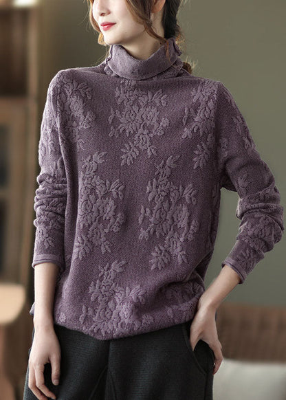 Fitted Purple Thick Knit Tops Turtle Neck Spring