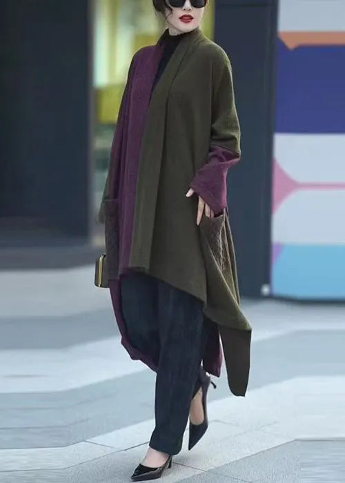 Colorblock V Neck Low High Design Knit Long Cardigans Winter