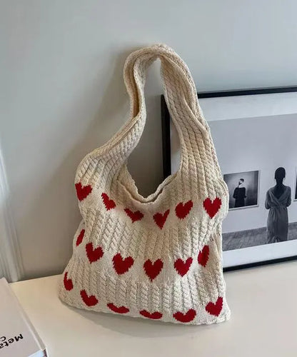 Minimally Khaki Hollowed Out Heart Knitted Shoulder Bag