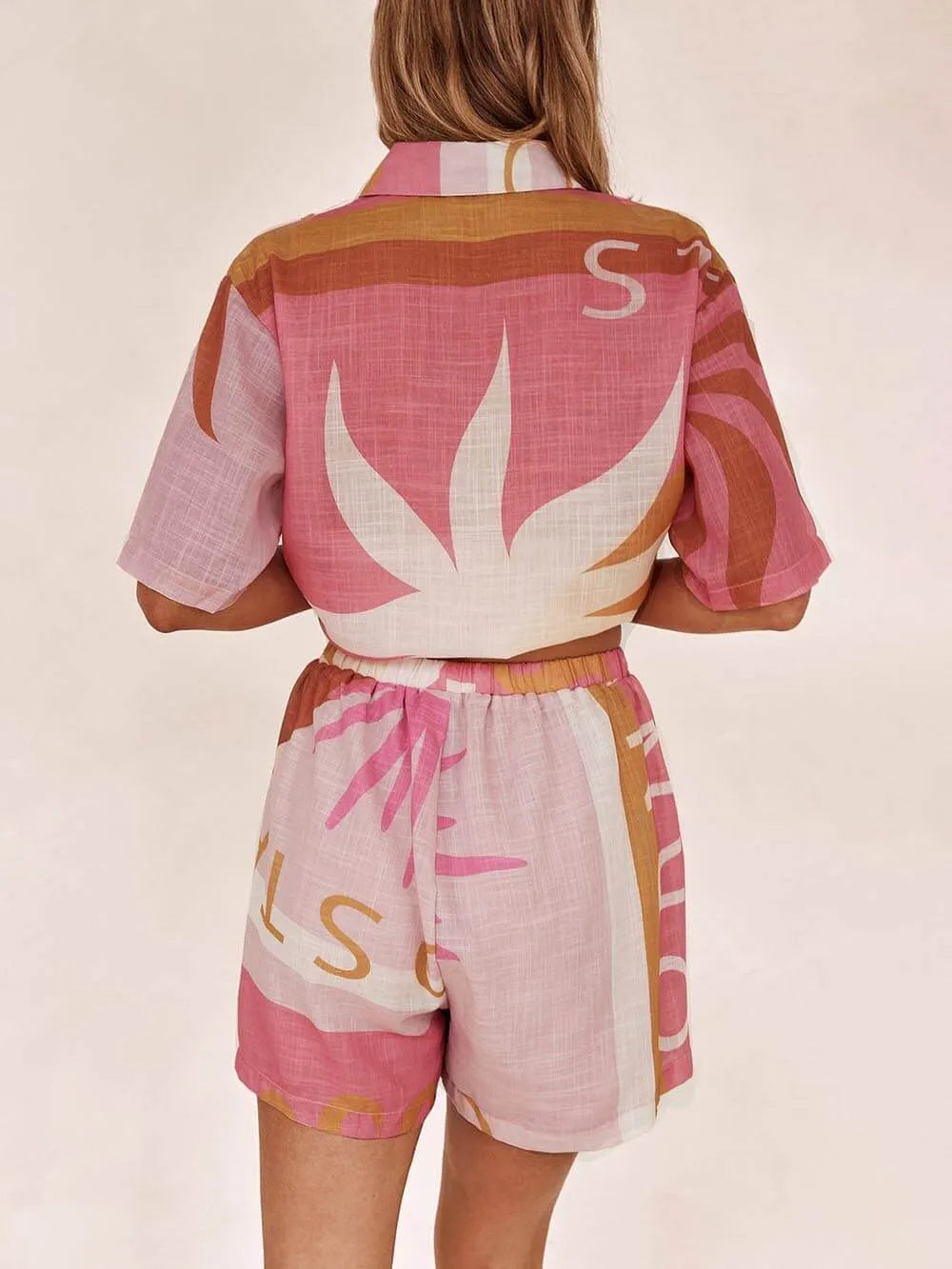Loose Printed Bright Sun Vacation Shirt Shorts Set