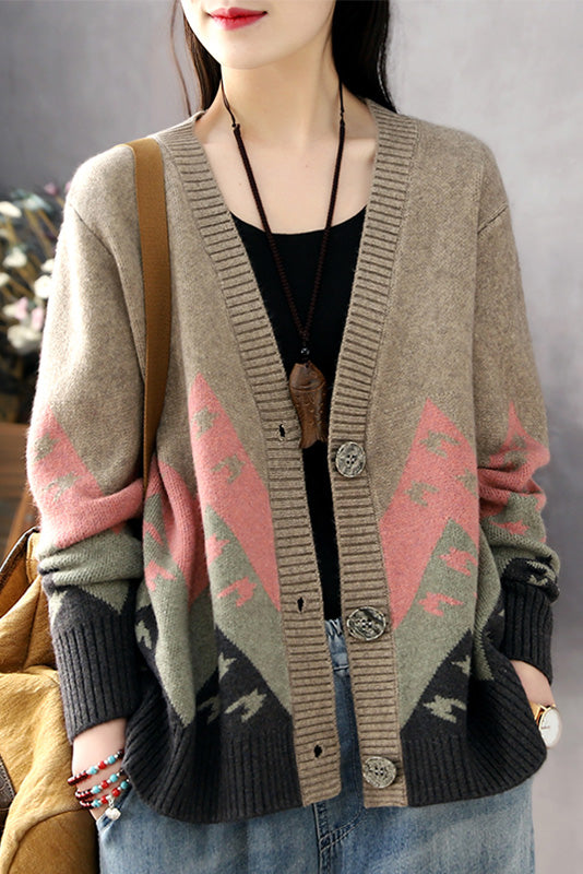 Contrast Color Loose Coat Knitted Cardigan