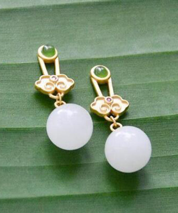 White Sterling Silver Jade Ruyi Drop Earrings