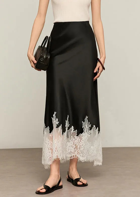 Black Original Design Lace Patchwork Silk Summer Skirt High Waist