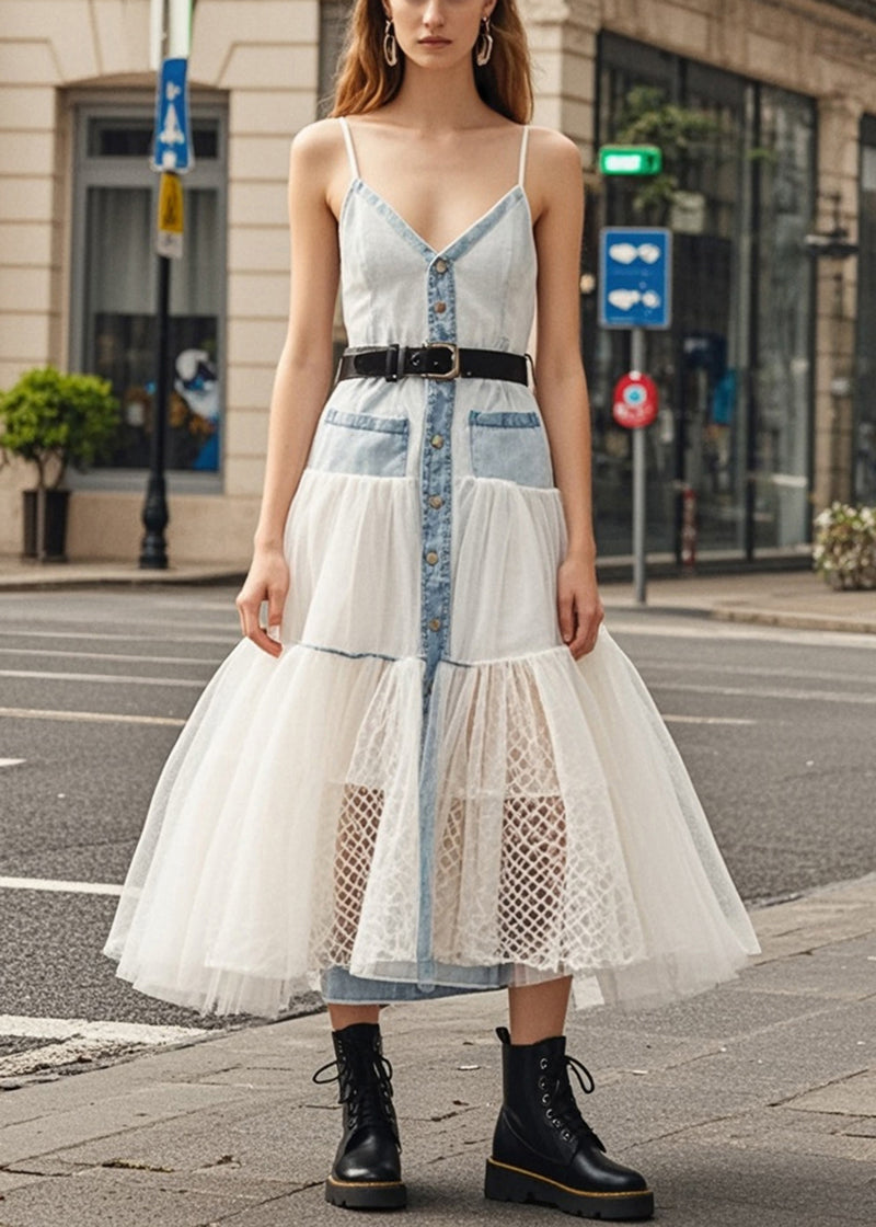 Light Blue Silm Fit Patchwork Tulle Denim Long Dresses Summer