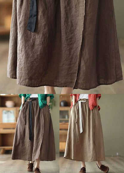 Chocolate Linen a Line Skirt Side Open Pockets Summer
