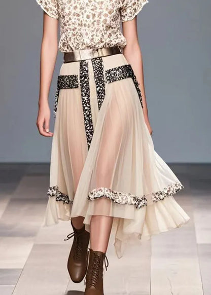 Beige Exra Large Hem Patchwork Silk Holiday Skirt Summer