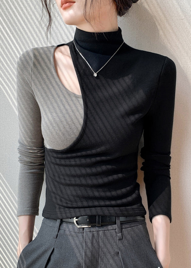 Black Hign Neck Hollow Out Patchwork Cotton T Shirt Fall