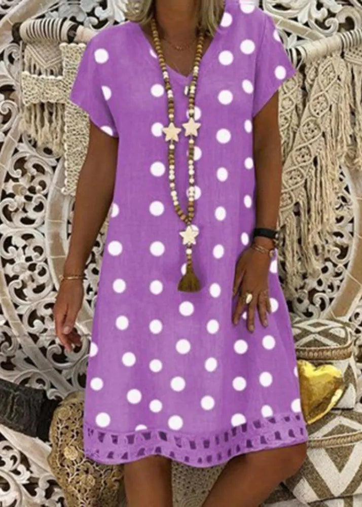 Khaki V Neck Dot Print Cotton Dress Summer