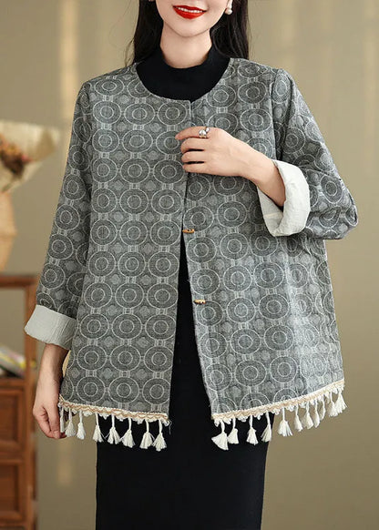 Chinese Style O-neck Tassel Jacquard Cotton Coat Spring