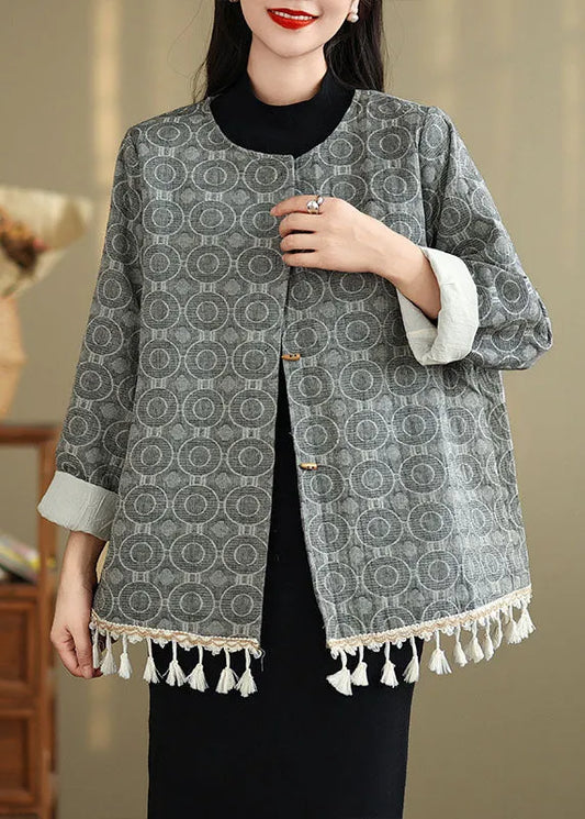 Chinese Style O-neck Tassel Jacquard Cotton Coat Spring
