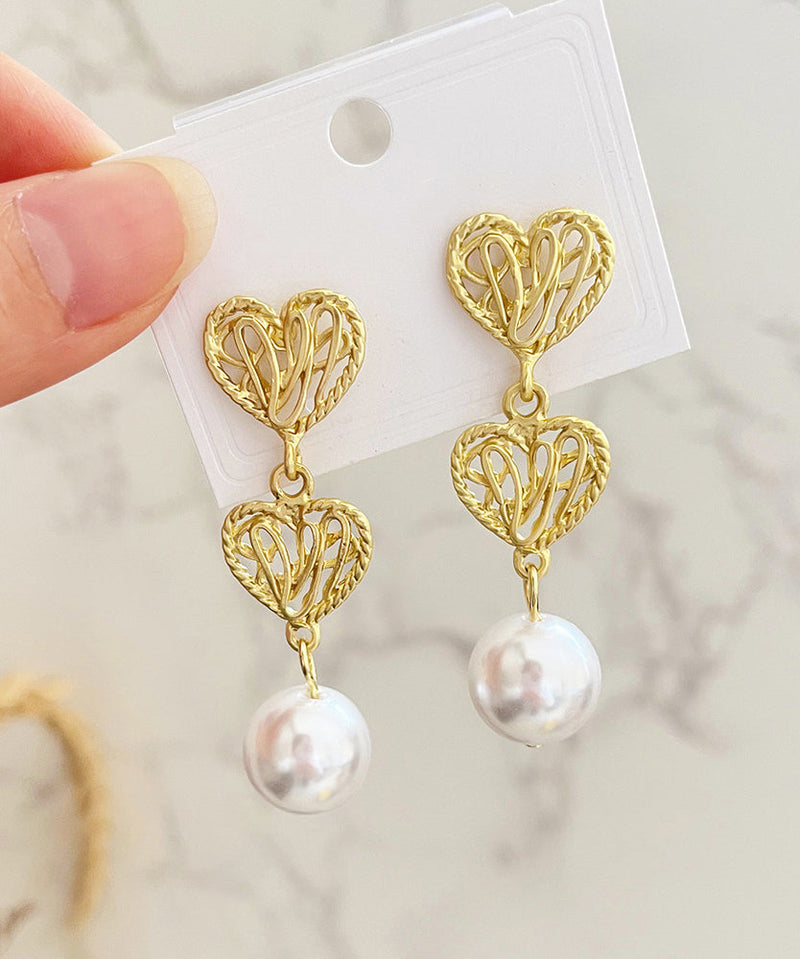 New Gold Copper Alloy Hollow Out Love Pearl Drop Earrings